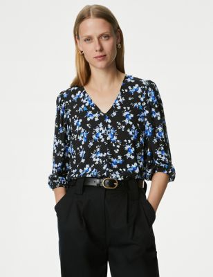 

Womens M&S Collection Floral V-Neck Button Detail Blouse - Blue Mix, Blue Mix