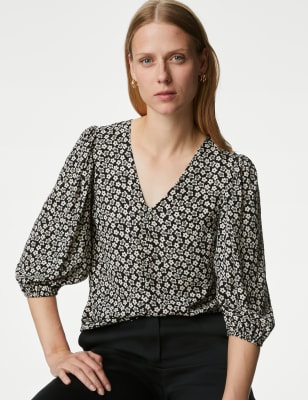 

Womens M&S Collection Floral V-Neck Button Detail Blouse - Black Mix, Black Mix