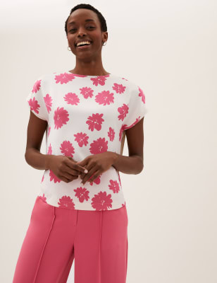 

Womens M&S Collection Floral Slash Neck Relaxed Short Sleeve Top - Rose Pink, Rose Pink