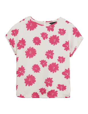 

Womens M&S Collection Bequemes Kurzarmoberteil mit U-Boot-Ausschnitt und Blumenmuster - Rose Pink, Rose Pink