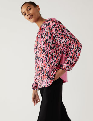 

Womens M&S Collection Oberteil mit gerafftem Ausschnitt, Blousonärmeln und Blattmuster - Pink Mix, Pink Mix