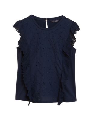 

Womens M&S Collection Modal Rich Broderie Detail Regular Fit Top - Navy, Navy