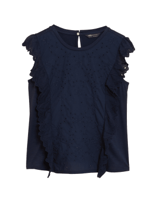 

Womens M&S Collection Modal Rich Broderie Detail Regular Fit Top - Navy, Navy