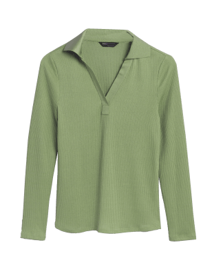 

Womens M&S Collection Jersey Ribbed Collared Regular Fit Top - Fern Green, Fern Green