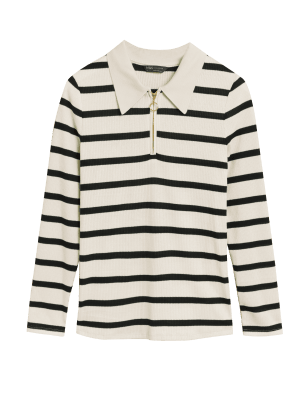 

Womens M&S Collection Striped Ribbed Collared Fitted Top - Navy Mix, Navy Mix