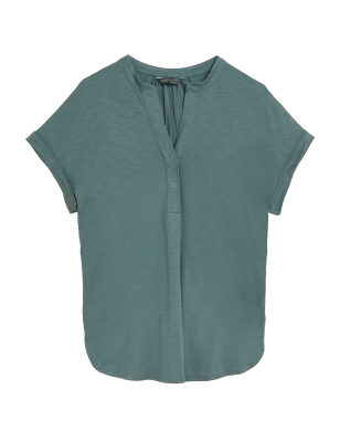 

Womens M&S Collection Popover-Bluse aus Jersey mit kurzen Ärmeln und V-Ausschnitt - Smokey Green, Smokey Green