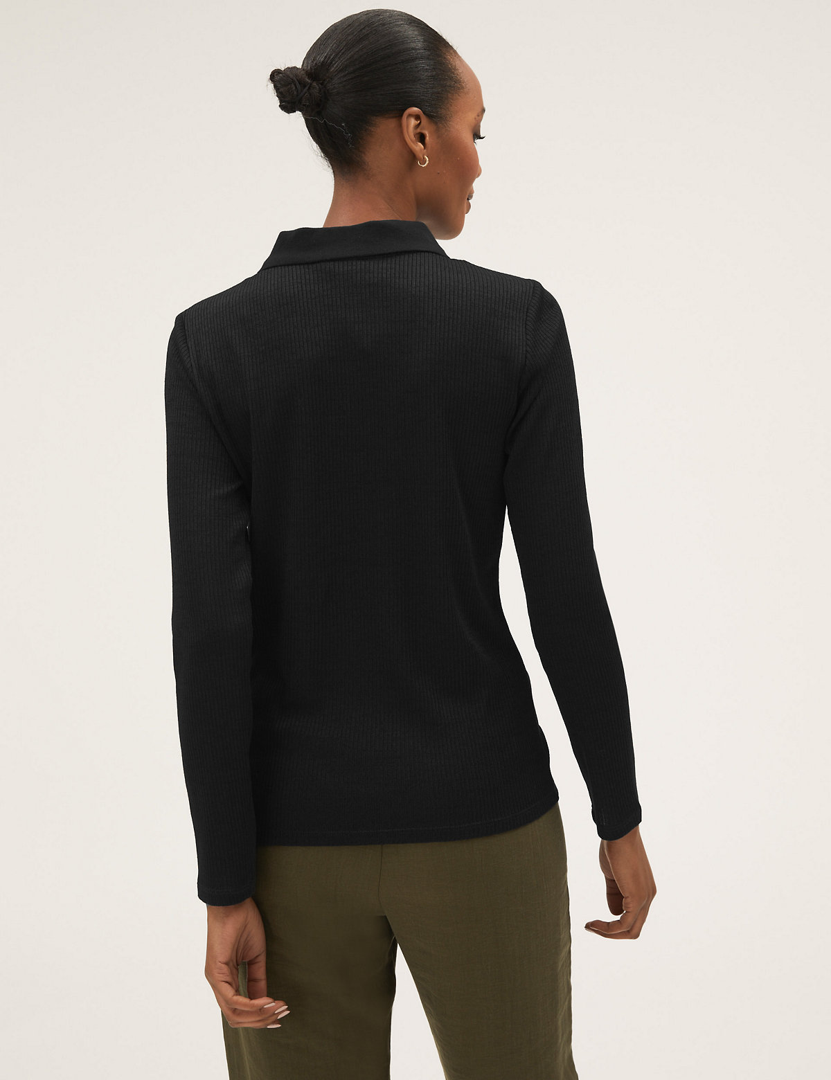 Ribbed Collared Fitted Long Sleeve Top