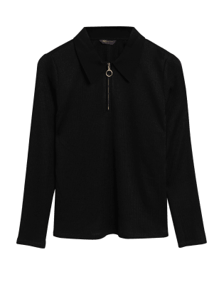 

Womens M&S Collection Ribbed Collared Fitted Long Sleeve Top - Black, Black