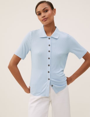 

Womens M&S Collection Ribbed Collared Short Sleeve Top - Pale Blue, Pale Blue