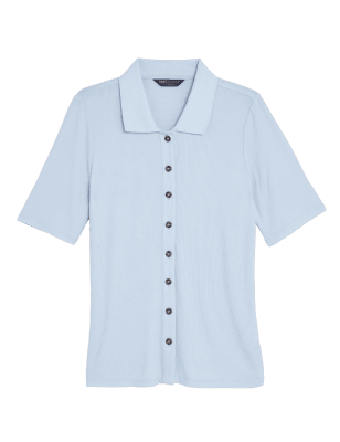 

Womens M&S Collection Kurzarmoberteil mit Rippenmuster und Kragen - Pale Blue, Pale Blue