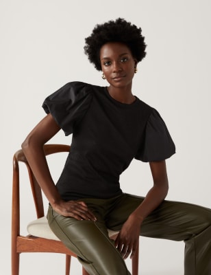 

Womens M&S Collection Normal geschnittenes Oberteil aus Jersey mit Rundhalsauschnitt und Rippenmuster - Black, Black