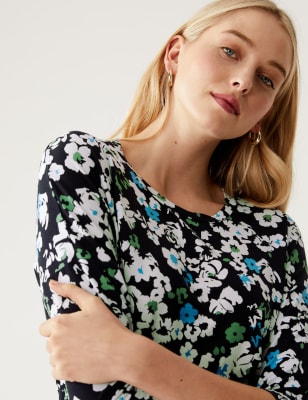 

Womens M&S Collection Floral Round Neck Regular Fit Blouse - Navy Mix, Navy Mix