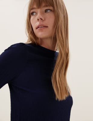 

M&S Collection Top de manga larga texturizado con cuello altoWomens - Navy, Navy