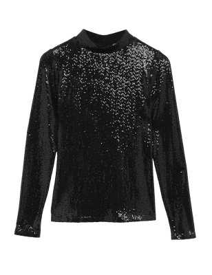 

Womens M&S Collection Sequin Regular Fit High Neck Top - Black, Black