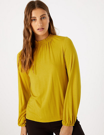 Gathered Neck Long Sleeve Top