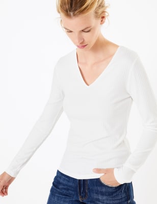 V Ribbed Long Sleeve - White