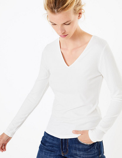 Ribbed V Neck Long Sleeve Fitted Top