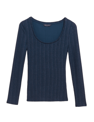 

Womens M&S Collection Sparkly Ribbed Scoop Neck Fitted Top - Navy, Navy