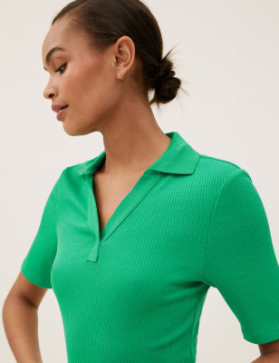 

Womens M&S Collection Ribbed Collared Regular Fit Half Sleeve Top - Spearmint, Spearmint