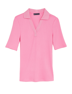 

M&S Collection Top de media manga de ajuste estándar con cuello acanaladoWomens - Petal Pink, Petal Pink
