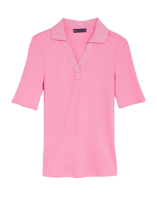 

Womens M&S Collection Ribbed Collared Regular Fit Half Sleeve Top - Petal Pink, Petal Pink