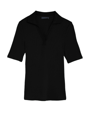 

Womens M&S Collection Ribbed Collared Regular Fit Half Sleeve Top - Black, Black