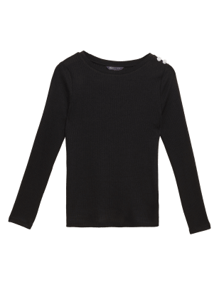 

Womens M&S Collection Ribbed Slash Neck Fitted Top - Black, Black