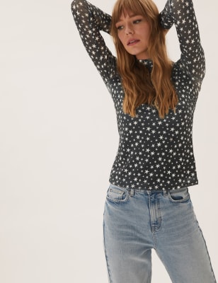 

Womens M&S Collection Star Print Roll Neck Long Sleeve Top - Black Mix, Black Mix
