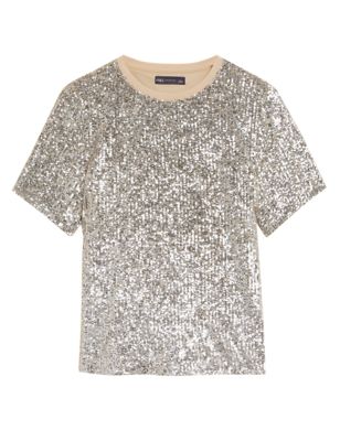 

Womens M&S Collection Sequin Round Neck Regular Fit Top - Champagne, Champagne