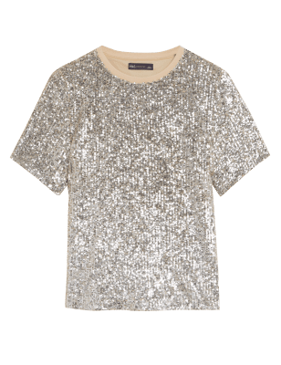 

Womens M&S Collection Sequin Round Neck Regular Fit Top - Champagne, Champagne