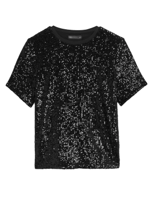 

Womens M&S Collection Sequin Round Neck Regular Fit Top - Black, Black