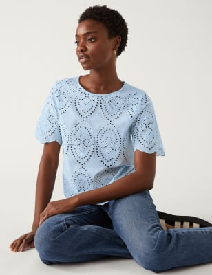 

Womens M&S Collection Normal geschnittenes Jersey-Oberteil mit Lochstickerei - Blue, Blue