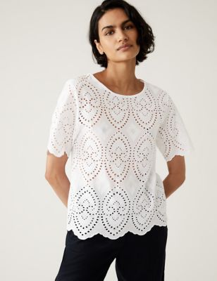 

Womens M&S Collection Jersey Broderie Regular Fit Top - Soft White, Soft White