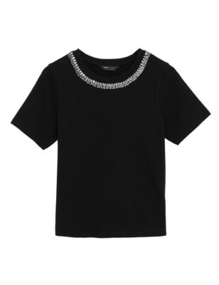 

Womens M&S Collection Pure Cotton Embellished Regular Fit Top - Black, Black