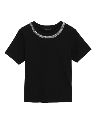 

M&S Collection Top de ajuste estándar 100% algodón con adornosWomens - Black, Black