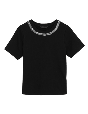 

Womens M&S Collection Pure Cotton Embellished Regular Fit Top - Black, Black