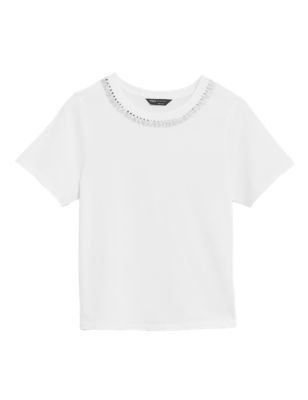 

Womens M&S Collection Pure Cotton Embellished Regular Fit Top - White, White