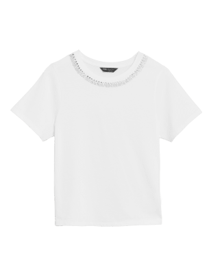 

Womens M&S Collection Pure Cotton Embellished Regular Fit Top - White, White