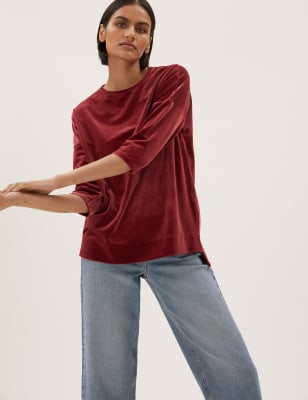 

Womens M&S Collection Velvet Crew Neck Regular Fit 3/4 Sleeve Top - Deep Red, Deep Red