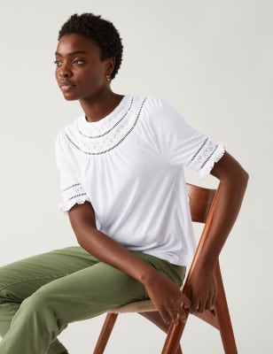 

M&S Collection Top de punto con postizo de encajeWomens - Soft White, Soft White