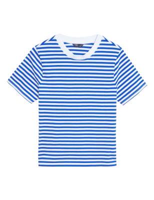 

Womens M&S Collection T-Shirt aus reiner Baumwolle mit Rundhalsausschnitt und Streifendesign - Blue Mix, Blue Mix