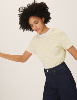

Womens M&S Collection Pure Cotton Striped Crew Neck T-Shirt - Yellow Mix, Yellow Mix