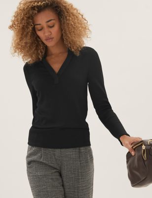 

Womens M&S Collection Ribbed Collared Long Sleeve Top - Black, Black