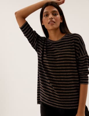 

Womens M&S Collection Sparkly Striped Regular Fit 3/4 Sleeve Top - Black Mix, Black Mix