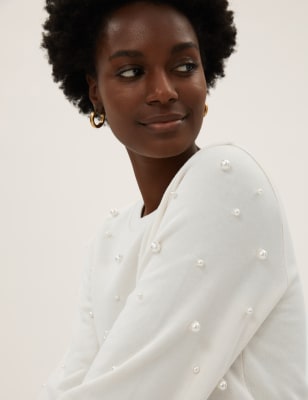 

Womens M&S Collection Cotton Rich Pearl Sweatshirt - Soft White, Soft White