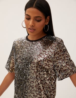 Sequin Animal Print Regular Fit T-Shirt