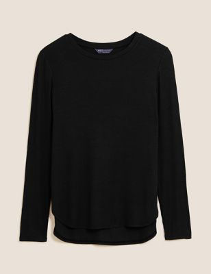 M&S Womens Ribbed Relaxed Long Sleeve Longline Top