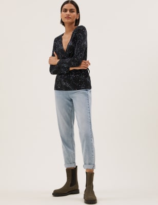 

Womens M&S Collection Star Print Regular Fit Wrap Top - Black Mix, Black Mix
