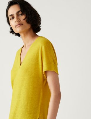 

Womens M&S Collection Linen Rich Regular Fit T-Shirt - Bright Yellow, Bright Yellow