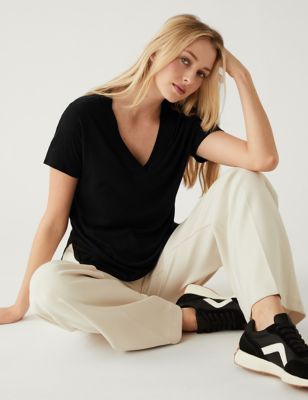 

Womens M&S Collection Linen Rich Regular Fit T-Shirt - Black, Black